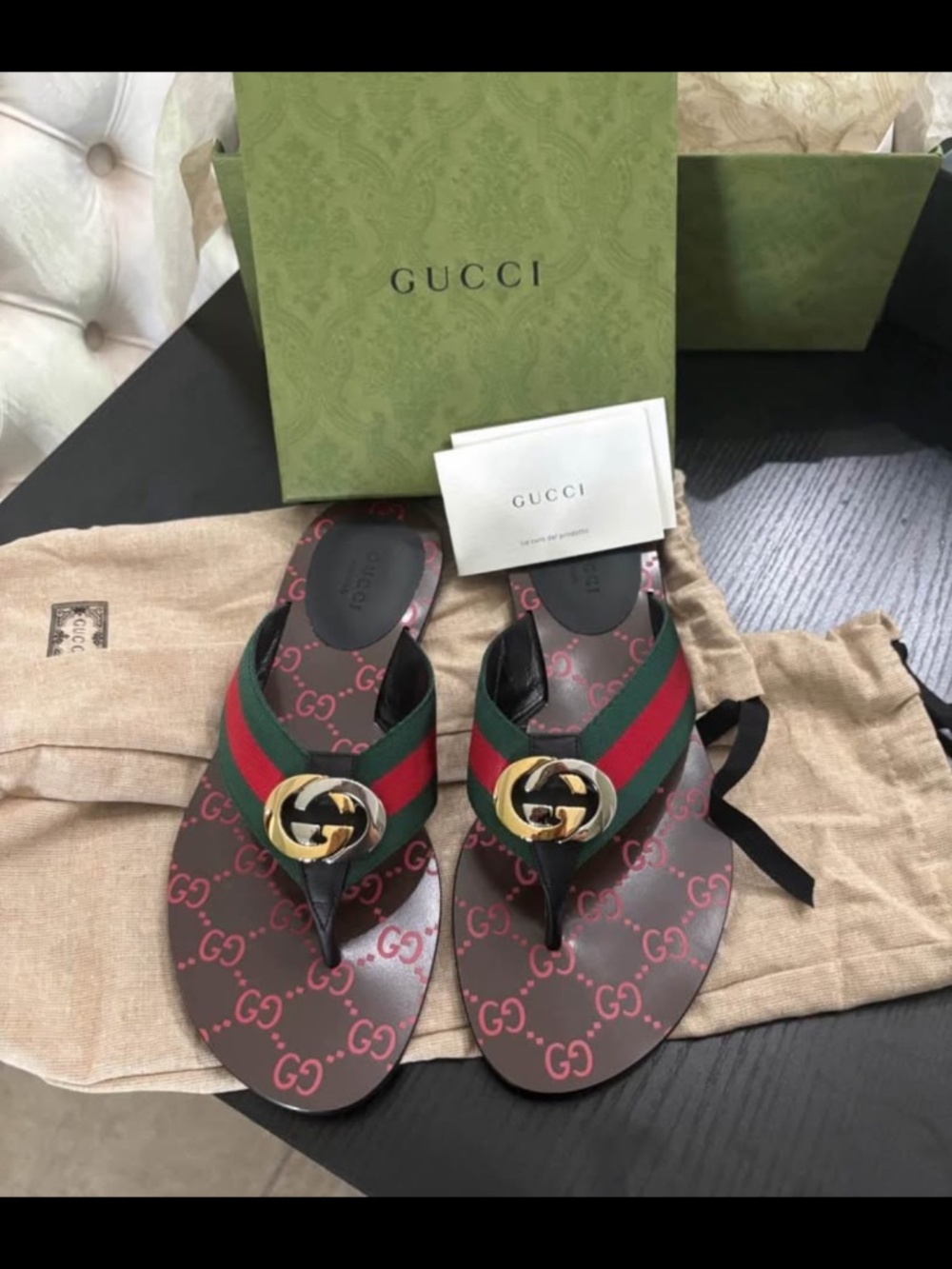 GUCCI KIKA WEB THONG FLAT SANDALS